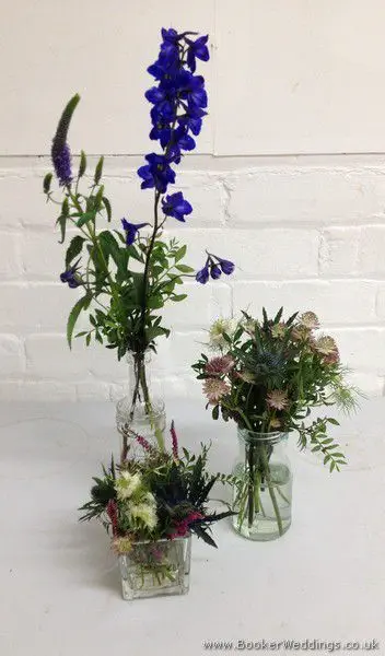 Purple & Blue English Garden Just Picked Jam Jar Table Centrepieces with Blue Delphinium, Purple Veronica, Astrantia, Eryngium and Nigella
