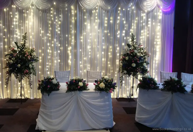 Cream, Pale Pink and Blue Semi Wild Flowers Registrar Table Decorations & Pedestal Stands Decoration at Malmaison, Liverpool
