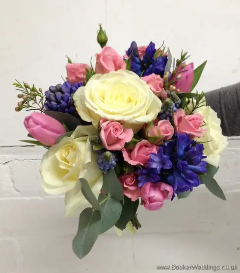 Pink, Blue & Cream Semi Wild Bridesmaid Hand Tied Bouquet with Cream Roses, Pink Spray Roses, Pink Tulips, Wax Flowers, Blue Muscari and Hyacinth
