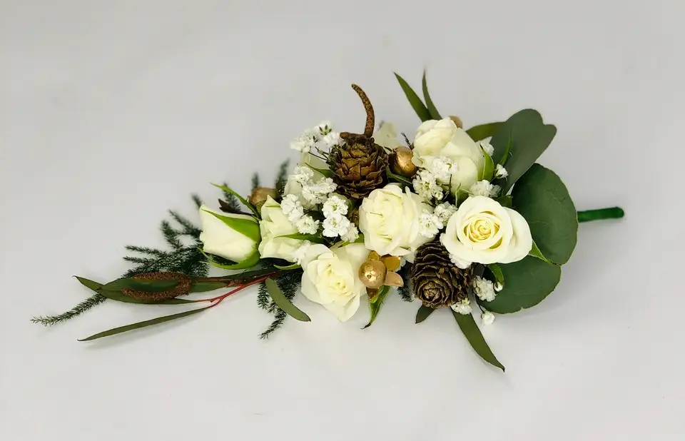 White and Gold Pin Corsage with Mini Pinecones