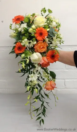 Orange and Ivory Wedding Flowers with Ivory and Orange roses, orange gerbera, ivory freesia Hand Tied Bridal Shower Bouquet