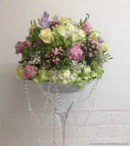 Martini Glass Centrepieces with Peony, Rose, Hydrangea and Freesia Close Up