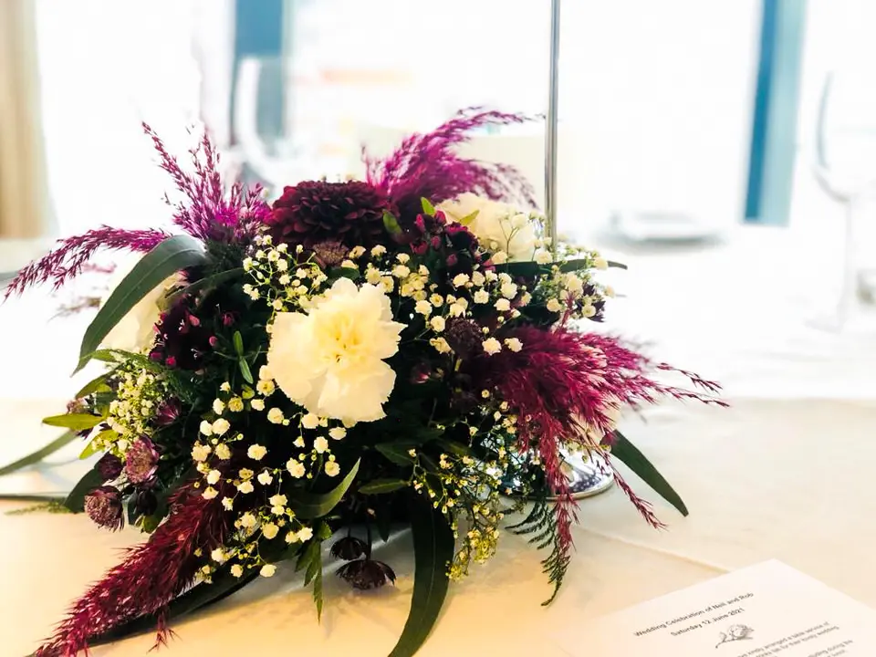 Burgundy and White Table Centrepieces