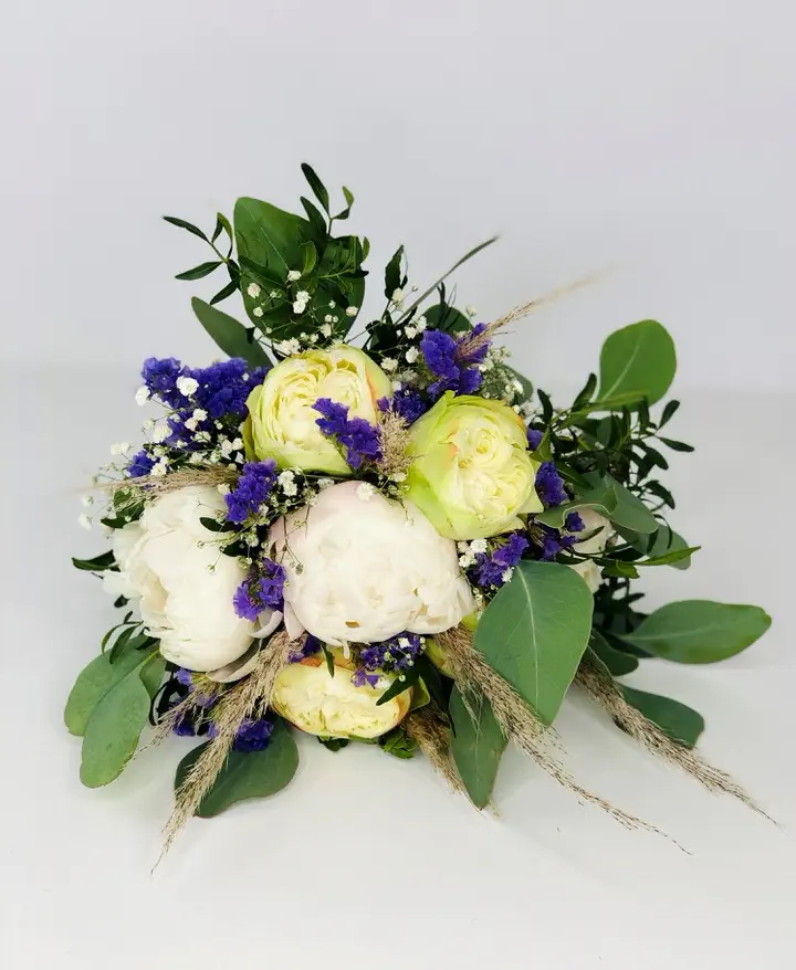 White Peony White Rose and Blue Statice Bride Bouquet