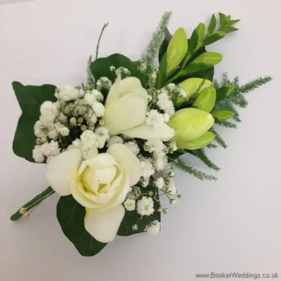 All White Wedding Flowers Pin Corsage with Rose, Freesia and Gypsy Grass