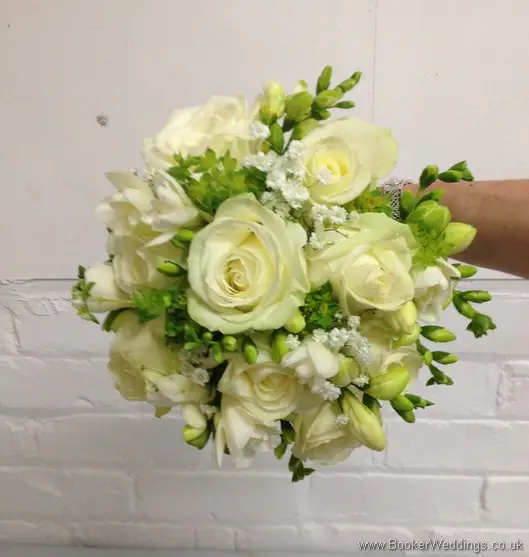 All White and Ivory Bridesmaid Bouquet with Roses, Freesias and Gypsophila