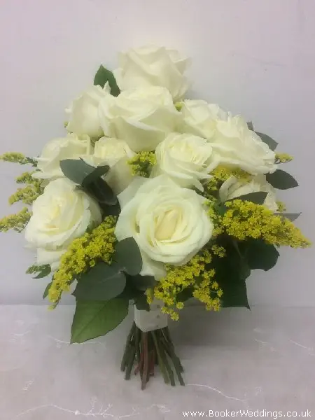 Front Facing Bride Handtied with White Roses Yellow Solidaster and Euc