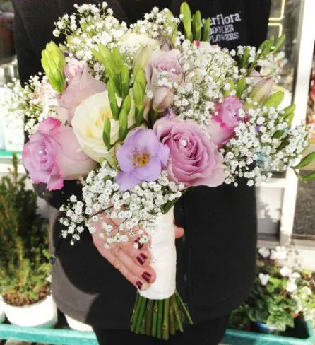 Lilac Rose Freesia Gypsophilia and Diamonte Brides Bouquet Side