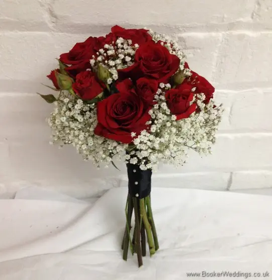 Red and White Bridesmaid Hand Tied Bouquet with Red Roses and Gypsy Grass Side View