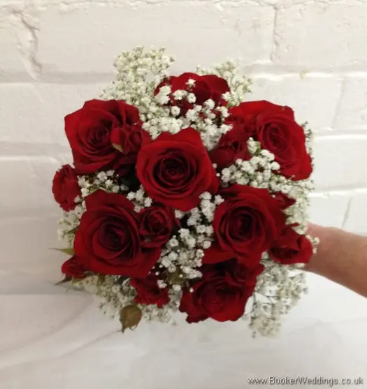 Red and White Bridesmaid Hand Tied Bouquet with Red Roses and Gypsy Grass