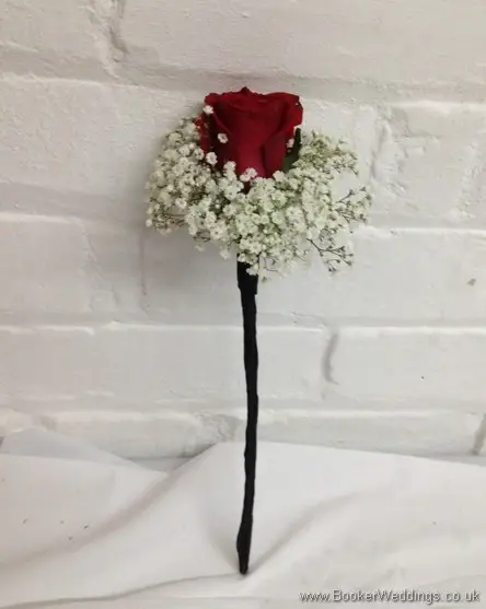 Red and White Flowergirl Wand Bouquet with a red rose and gypsophila Side View
