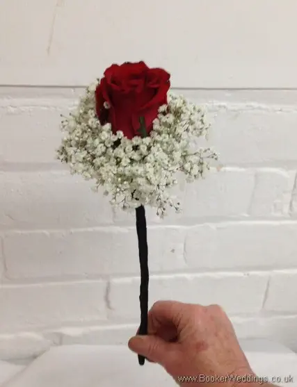Red and White Flowergirl Wand Bouquet with a red rose and gypsophila_Side View