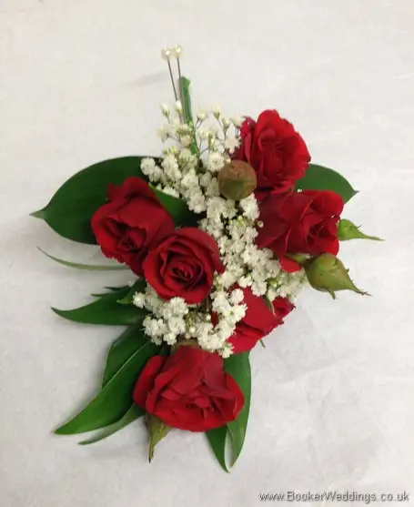 Red and White Pin Corsage with red spray roses and gypsophila