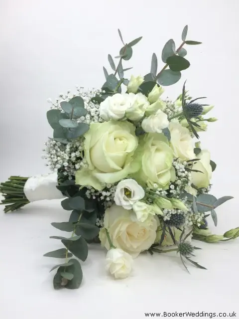 White Roses Lisianthus Eryngium and Eucalyptus