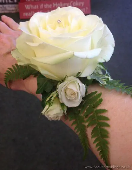 White and lilac Rose and diamante wrist corsage