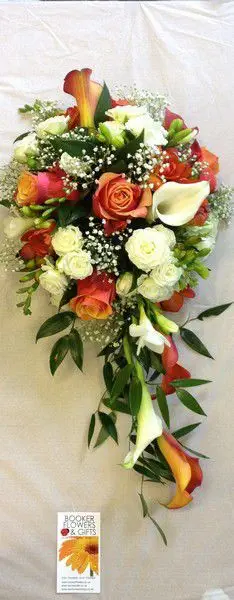 White and Mango Rose and Calla Lilly Brides Shower Bouquet