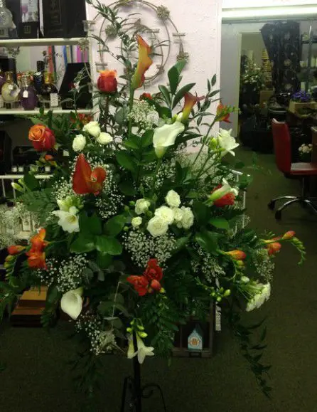 White and Mango Rose and Calla Lilly Pedestal Arrangement (2)