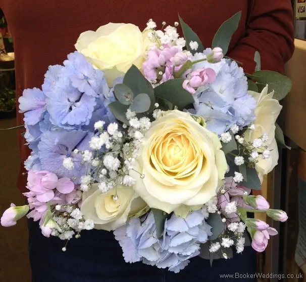 Pink and Blue Bridesmaid Hand tied Bouquet with Hydrangea, Stocks, Gypsy Grass and Eucalyptus