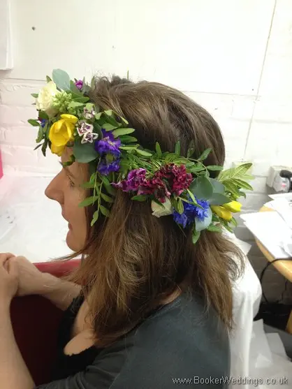 Bridal Hair circlet Flower Crown of multicoloured wild meadow flowers left side