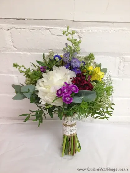 Wild flower style bridesmaid bouquet with Peony, Queens Anne Lace, Lavender ,Freesia, Sweet William, Scillia blue Bells, Red Santini Daisy 2