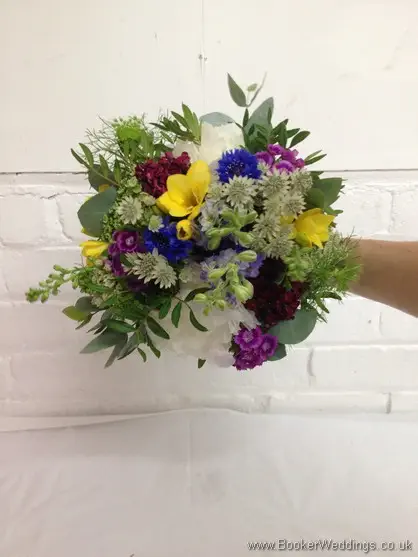 Wild flower style bridesmaid bouquet with Peony, Queens Anne Lace, Lavender ,Freesia, Sweet William, Scillia blue Bells, Red Santini Daisy