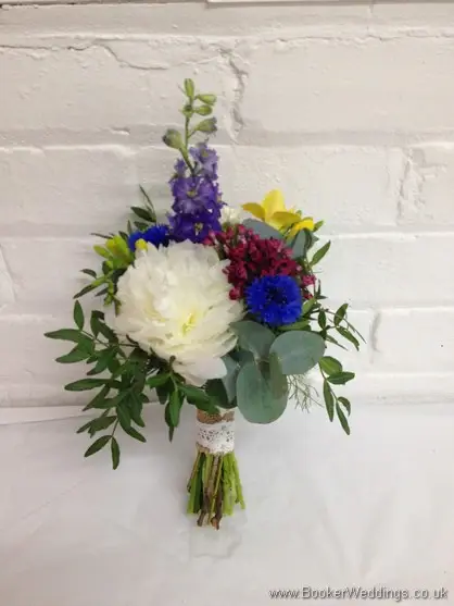 Wildflower mini bouquet for flowergirl with Peony, Queens Anne Lace, Lavender ,Freesia, Sweet William, Scillia blue Bells, Red Santini Daisy side