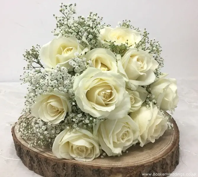 Bride Hand Tied White Rose and Gyp Bouquet