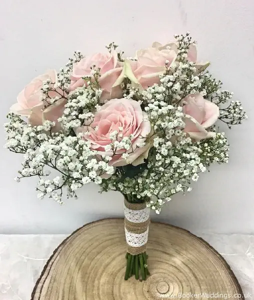 Bridesmaid Hand Tied bouquet of Sweet Avalanche Roses and Gypsophila