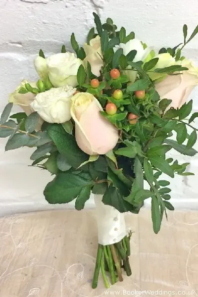 Bridesmaid Hand Tied Peach and White Wedding Flowers with Roses
