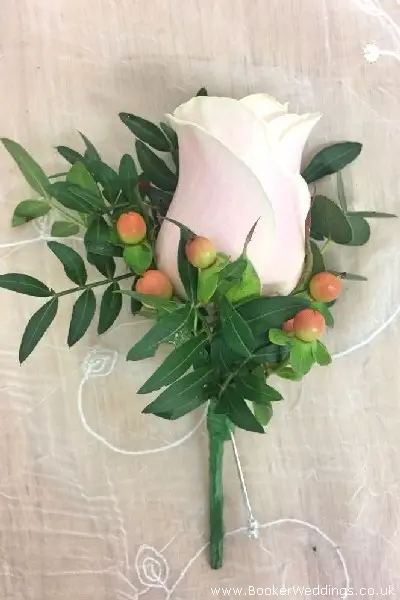 Rose Fancy Buttonhole For Groom Peach Rose Peach Hypericum and Pistachie