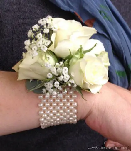 Ivory Rose and Gypsophila Wrist Corsage Side View 2