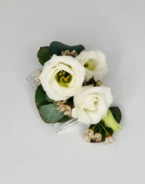 White Lisianthus Floral Hair Comb with Waxflower