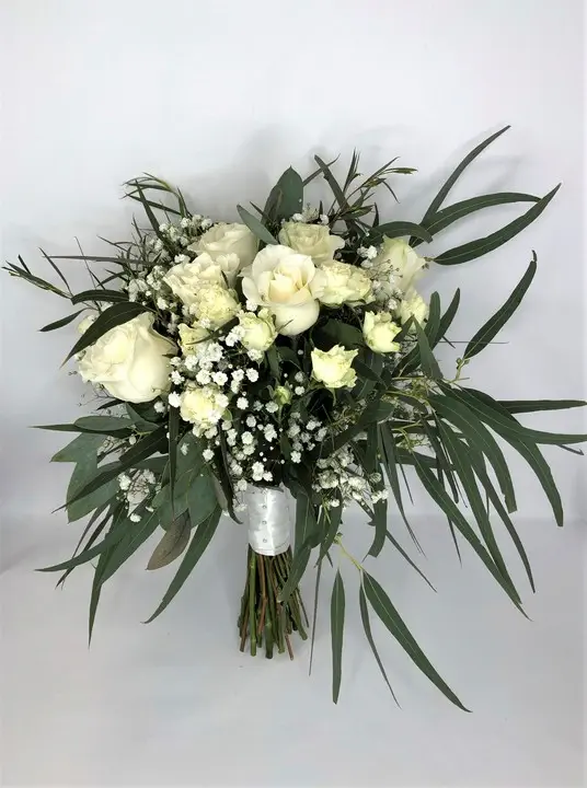 White Rose and Gypsophila Brides Bouquet with Wild Eucalyptus