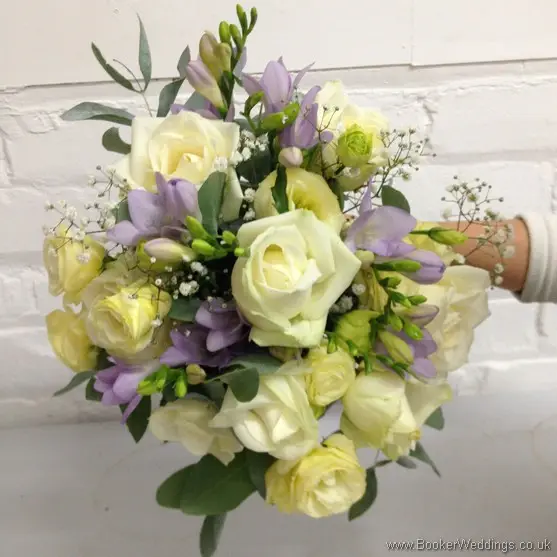 White, Gold and Lilac Bridal Bouquet with Rose, Lissianthus Gypsy Grass and Freesia