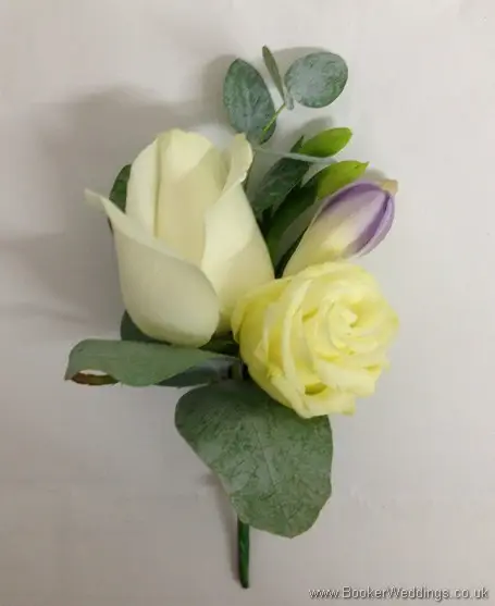 White, Gold and Lilac Grooms Buttonhole with Rose and Freesia