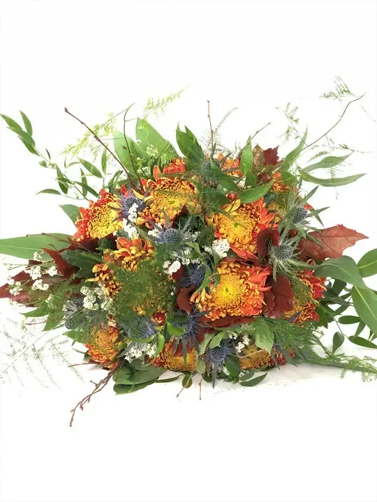 Orange and Blue Bridal Bouquet with Wild Foliage