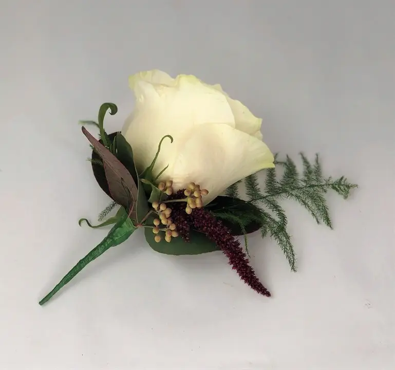 White Rose Buttonhole with Amaranthus