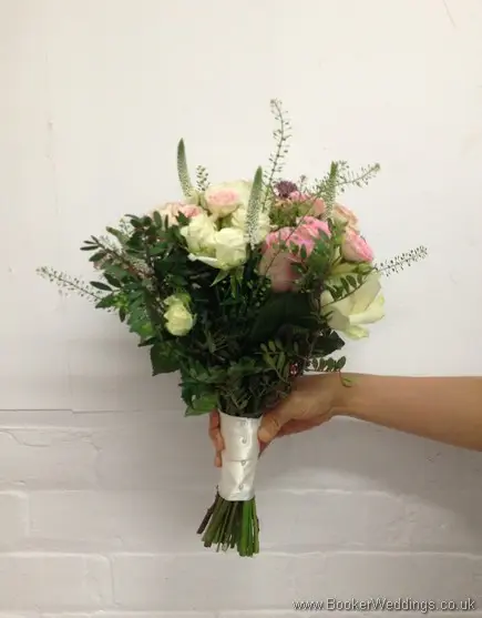 Just Picked Dusky Pink, Lilac and Cream Hand Tied Bridal Bouquet with Roses, Spray Roses, Veronica, Green Bells and Astrantia Side View