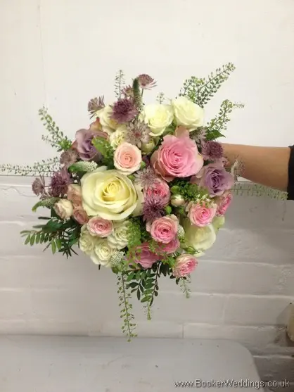 Just Picked Dusky Pink, Lilac and Cream Hand Tied Bridal Bouquet with Roses, Spray Roses, Veronica, Green Bells and Astrantia
