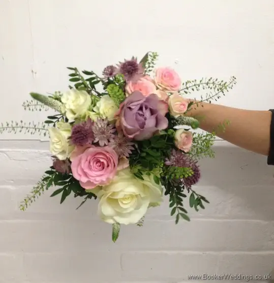Just Picked Dusky Pink, Lilac and Cream Hand Tied Bridesmaid Bouquet with Roses, Spray Roses, Veronica, Green Bells and Astrantia