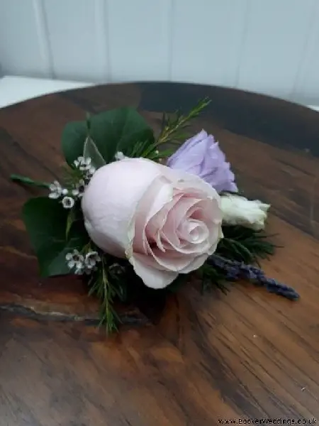Pink Rose and Lilac Lisianthus Buttonhole for Groom