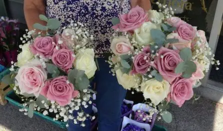 Dusky Pink Pale Pink and cream Rose Bride and Bridesmaid Bouquets