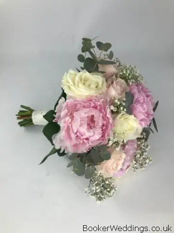 Bride Handtied Bouquet of Roses Gyp and Peonies