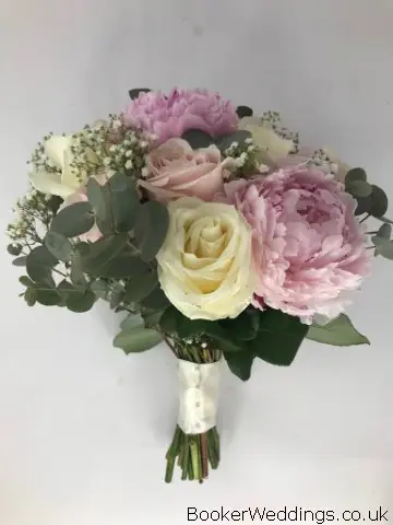 Bride Handtied White Roses Gyp and Pink Peonies