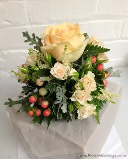 Wild Just Picked Country Garden Flowers cake topper in Peaches and Cream with roses, astilbe, hypernicum berries & grey senico leaves