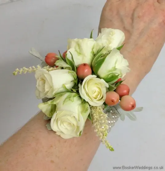 Wild Just Picked Country Garden of Peaches and Cream Wrist Corsage with spray roses and hypernicum berries