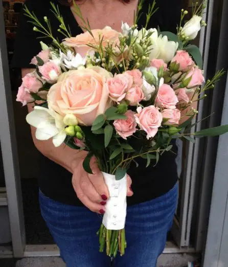 Peach rose and White Flowers Brides Bouquet - Side
