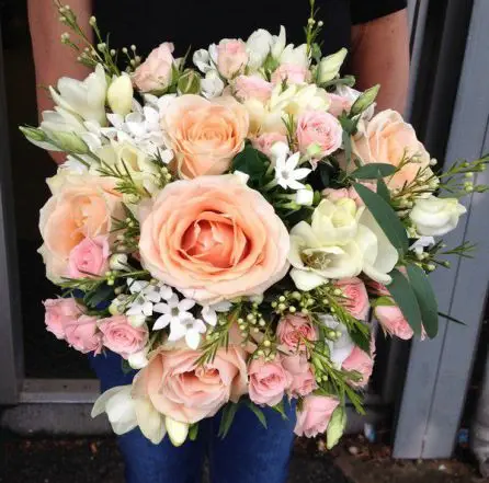 Peach rose and White Flowers Brides Bouquet