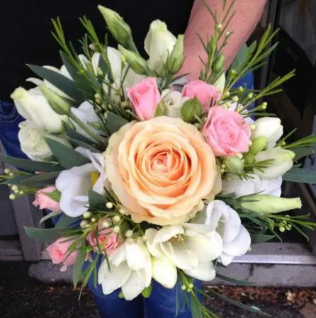 Peach rose and White Flowers Flower Girl Bouquet