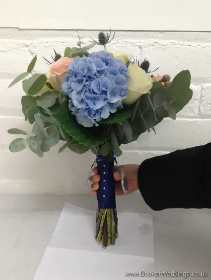 Wild Just Picked Blue, Cream & Blush Pink Bridal Bouquet with roses, hydrangea, eryngium, grey succulents and eucalyptus Side View